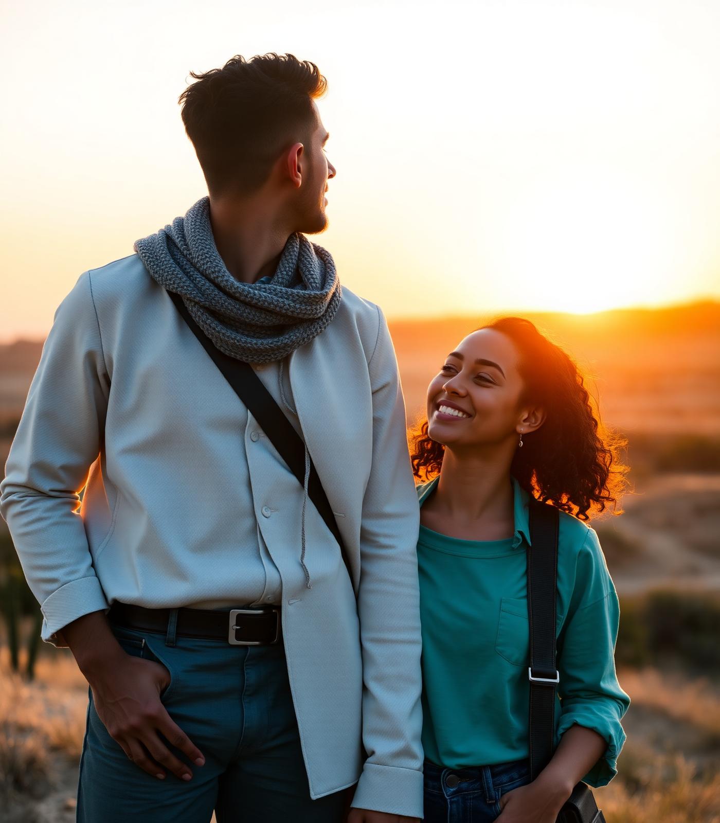 Two people looking towards a warm horizon, representing possibility and the future